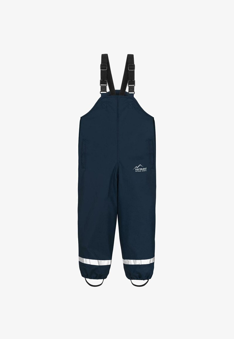 Marineblaue wasserdichte Latzhosen mit verstellbaren Trägern, elastischen Beinabschlüssen, reflektierenden Streifen am Saum und Seitentaschen.