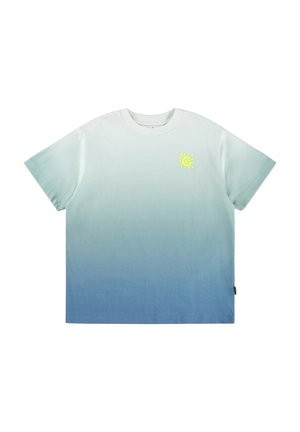 T-shirt à manches courtes avec un dégradé bleu clair, arborant un petit logo de soleil jaune sur la poitrine. Fabriqué en tissu de coton doux.