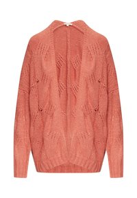Luftige, rote Strickjacke mit weit geöffnetem Frontbereich, die ein strukturiertes Rautenmuster und gerippte Bündchen aufweist.