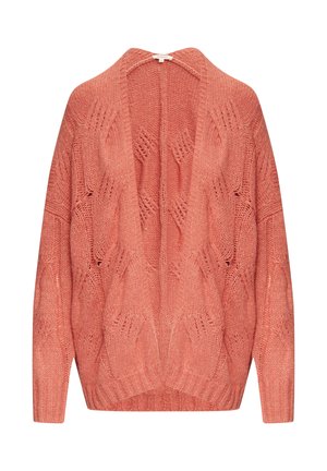 Luźny koralowy kardigan wykonany na drutach z szerokim otwartym przodem, posiadający teksturowany wzór w diamenty oraz ściągacze na mankietach.