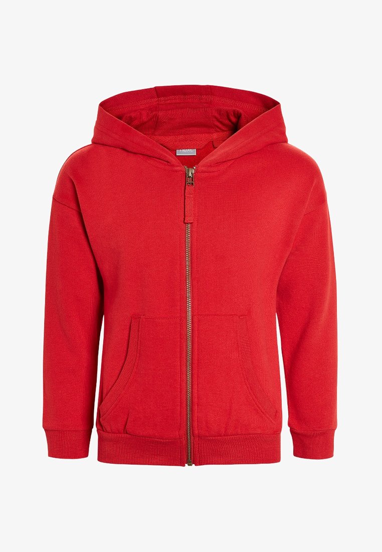 Felpa rossa con zip, dotata di cappuccio, due tasche frontali, polsini e orlo a costine, realizzata in un tessuto morbido con una texture liscia.