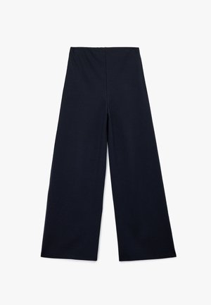 Pantaloni a gamba larga in un elegante blu navy. Realizzati in un tessuto morbido con una texture liscia, presentano una vita alta e nessun bottone o tasche visibili.