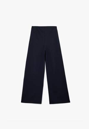 Pantaloni a gamba larga in un elegante blu navy. Realizzati in un tessuto morbido con una texture liscia, presentano una vita alta e nessun bottone o tasche visibili.