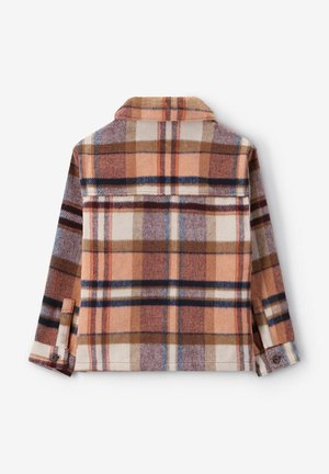 Chemise en flanelle à carreaux marron, orange et crème avec poignet et col boutonnés. Texture douce avec une coupe décontractée.