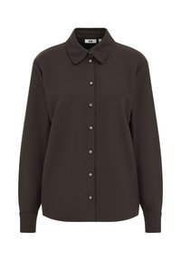 Pruun pikkade varrukatega pluus pehmest materjalist, millel on kraega kaelus, nööpidega ees ja nööpidega varrukaservad. Sile tekstuur ilma mustriteta.