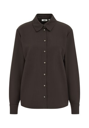 Hnedá blúzka s dlhým rukávom z jemného materiálu, s golierom, prednými gombíkmi a manžetami na gombíky. Hladký povrch bez vzorov.