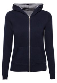 Marineblauwe hoodie met rits en een grijze binnenkant, voorzien van een frontale rits, twee voorzakken en een capuchon met trekkoord, gemaakt van zachte stof.