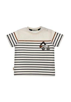 Weißes Baby-T-Shirt mit kurzen Ärmeln, schwarzen horizontalen Streifen, braunen Akzenten und einer bestickten Bagger-Grafik auf der Brust.