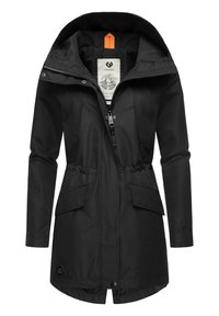 Černá nepromokavá bunda s kapucí, předním zipem, dvěma velkými kapsami a nastavitelným stahováním v pase. Má vnitřní štítek s designem.