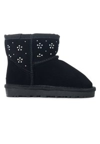 Stivale alla caviglia in suede nero con decorativi strass, fodera testurizzata, punta rotonda e suola in gomma con scanalature per la trazione.