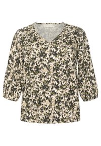 V-hals bluse lavet af letvægtigt stof med et abstrakt blomsterdesign i sort, beige og grøn; har trekvartærmer og en løs pasform.