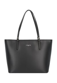 Black tote bag made of smooth material, featuring two shoulder straps and a minimalist design. Embossed logo on the front.