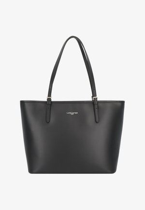 Zwarte tas gemaakt van soepel materiaal, met twee schouderbanden en een minimalistisch ontwerp. Geperst logo aan de voorkant.