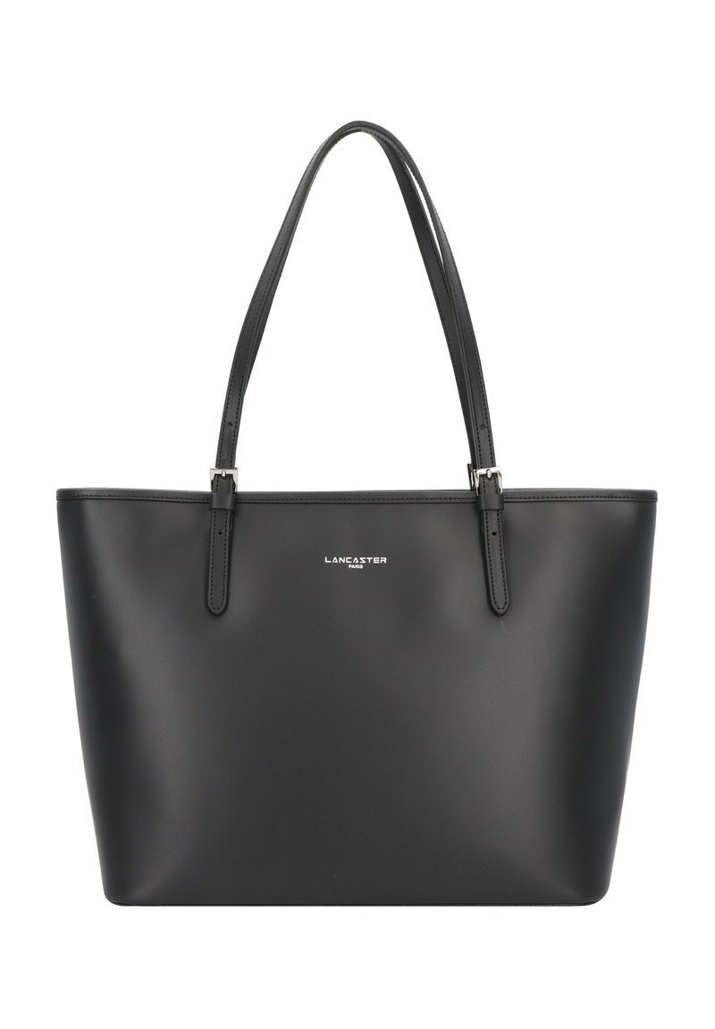 Black tote bag made of smooth material, featuring two shoulder straps and a minimalist design. Embossed logo on the front.