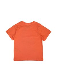 T-shirt à manches courtes de couleur orange vif, fabriqué en coton doux, avec une texture lisse et un col rond classique.