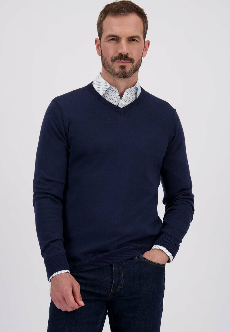 Man met kort bruin haar en baard, gekleed in een marineblauwe V-hals trui over een wit gemusterd shirt en donkere spijkerbroek, poseert met één hand in de zak.