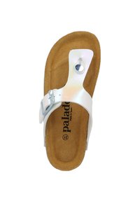 White sandal with a metallic finish strap, a silver buckle, and a soft brown cork footbed. Features a round toe and logo printed on the insole.