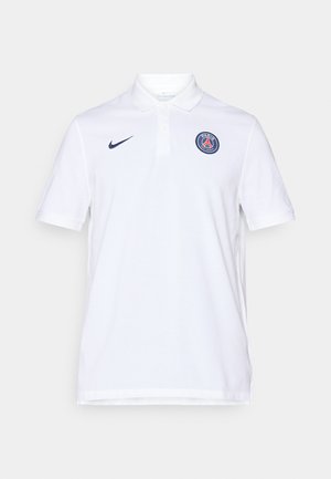 Balts polo krekls izgatavots no kokvilnas, ar apkakli, īsām piedurknēm, tumši zilā Nike logo un apļveida Parīzes emblēmu kreisajā krūtī.