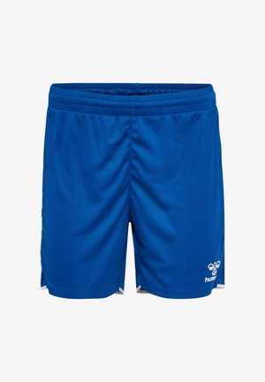 Niebieskie szorty sportowe z elastycznym pasem, białe logo na przedniej, dolnej części prawej nogawki oraz małymi bocznymi rozcięciami.