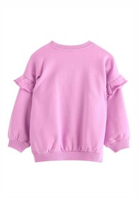 Felpa rosa con maniche lunghe, dettagli arricciati sulle spalle, polsini a costine e orlo arricciato. Tessuto morbido e design informale.