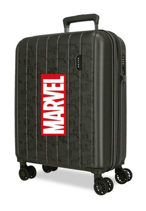 Maleta rígida negra con logo de Marvel, dibujos sutiles de superhéroes, asa telescópica, cuatro ruedas dobles giratorias y cerradura lateral con combinacion.