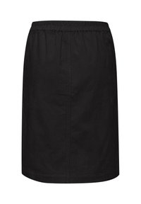 Black corduroy skirt with an elastic waistband. Simple straight design, knee-length, featuring vertical ribbed texture and no additional details.