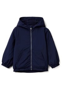 Tmavě modrá lehká bunda s kapucí, předn�ím zipem, elastickými manžetami a dvěma předními kapsami; hladký materiál s matným povrchem.