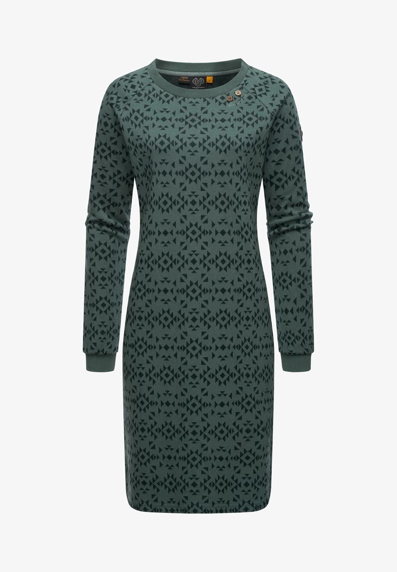 Haljina dugih rukava od tamnozelene tkanine s geometrijskim uzorkom, okruglim izrezom i tri dekorativne gumbe na ramenu.