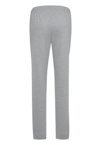 Jasnoszare casualowe spodnie z elastycznym pasem, widziane z tyłu, z prostymi nogawkami i bez widocznych kieszeni lub detali.