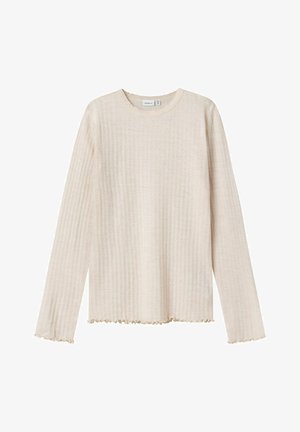 Langärmliges, beiges, geripptes Oberteil mit einem strukturierten Muster, rundem Ausschnitt und fransigem Saum sowie cuffs, aus einem weichen Stoff gefertigt.