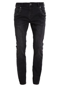 Černé džíny z denimu s úzkým střihem, pěti kapsami a dekorativními cvočky poblíž předních kapes. Klasické zapínání na knoflík v pase.