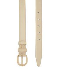 Cinturón de cuero beige con una textura suave, que presenta una hebilla dorada y múltiples agujeros de ajuste a lo largo de la correa. Diseño simple y elegante.