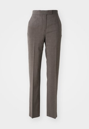 Grå skräddarsydda byxor med rak passform, textil med struktur, medelhögt midja och två framfickor. Inga synliga stängningar eller mönster.