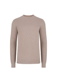 Beżowy sweter wykonany z teksturowanej dzianiny, z okrągłym dekoltem, długimi rękawami oraz ściągaczami przy mankietach i dole.