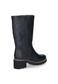 Bottes en cuir noir jusqu'au genou avec une surface texturée, des zips sur le côté, un embout carré et un talon épais. Semelle en caoutchouc pour une meilleure adhérence.