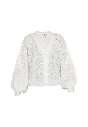 Witte gebreide cardigan met een V-hals en poffende mouwen. Bevat decoratieve gaten en een knopenlijst aan de voorkant, wat het textuurontwerp benadrukt.