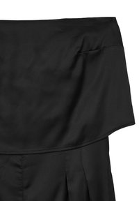Off-the-shoulder black dress featuring a layered bodice, smooth fabric texture, and pleated skirt design with clean lines.