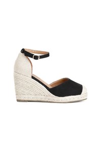 Scarpa con zeppa in tessuto nero, con suola in juta intrecciata, retro a quadretti e dettagli con cinturino alla caviglia. Presenta un design con punta arrotondata.