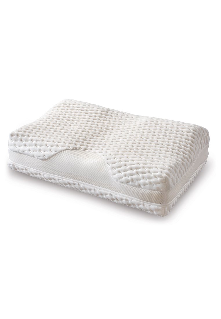Cuscino in schiuma memory bianco con una fodera testurizzata e traspirante. Il design presenta una forma sagomata per supporto e comfort.