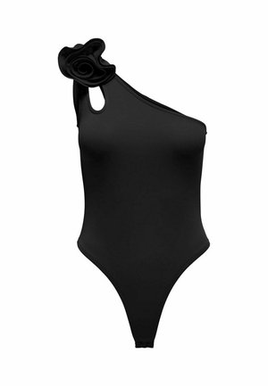 Costume da bagno intero nero con design a spalla unica, dettaglio floreale e aperture. Realizzato in un tessuto morbido e elasticizzato.