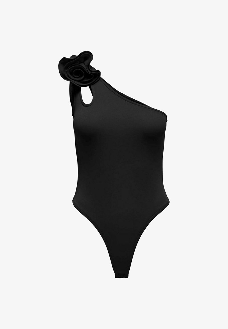 Costume da bagno intero nero con design a spalla unica, dettaglio floreale e aperture. Realizzato in un tessuto morbido e elasticizzato.