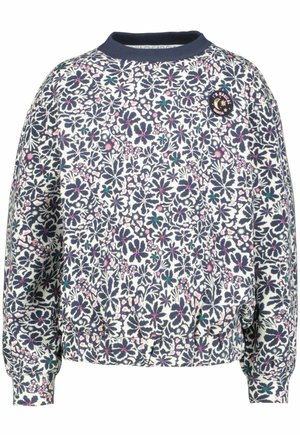 Pullover mit Rundhalsausschnitt in Marineblau, Pink und Grün mit floralem Muster und einem runden Aufnäher nahe der Schulter auf weißem Hintergrund.