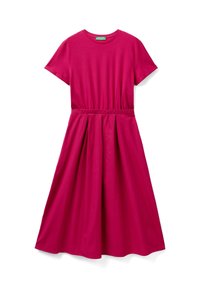 Lyhyttukkainen kirkkaan vaaleanpunainen midi-mekko, jossa on tiukka vyötärö, pyöreä kaula-aukko ja pleatattu helma, asetettuna vaakasuoraan valkoiselle taustalle.