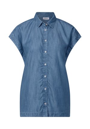 Lichtblauw denim overhemd met een knoopsluiting aan de voorkant, korte mouwen, een kraag en een iets losse pasvorm. Heeft een gladde textuur.