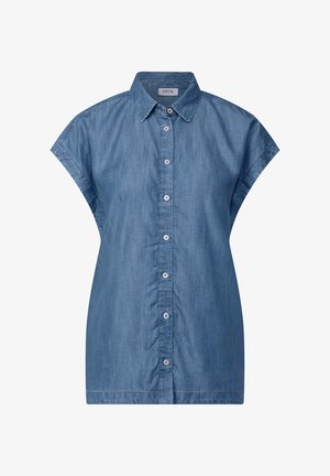 Vaaleansininen farkkupaita, jossa on napitettavat etuosat, lyhyet hihat, kaulus ja hieman rento istuvuus. Ominaisuuksina on sileä pinta.