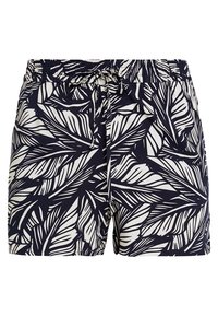 Costumi da bagno blu navy con motivo a foglia tropicale bianca, vita elastica e coulisse regolabile. Tessuto leggero con una consistenza liscia.