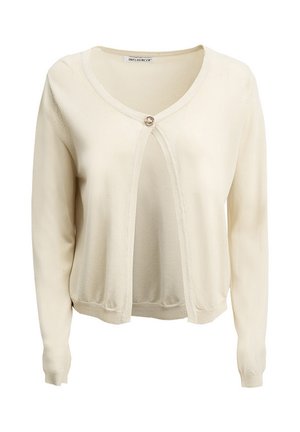 Cardigan crème avec col en V, manches longues et fermeture à un bouton. Confectionné en tissu doux avec poignets et ourlet côtelés. Design simple.