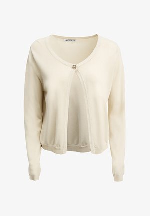 Cardigan crema con scollo a V, maniche lunghe e chiusura a un solo bottone. Realizzato in tessuto morbido con polsini e orlo a coste. Design semplice.