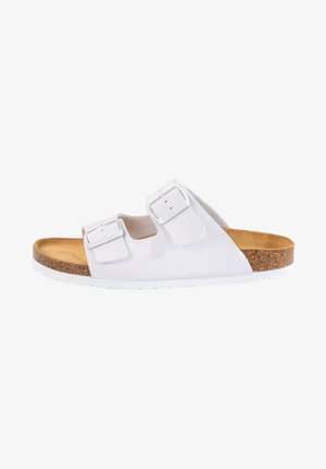 Hvide sandaler med to justerbare spænder, kork-fodbed og struktureret gummiyderside. Åben tå-design med glat, syntetisk overdel.
