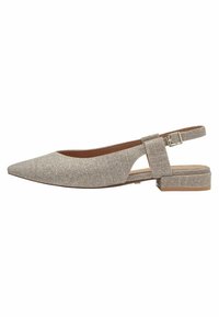 Pointed-toe slingback shoe in metallic beige fabric, featuring an ankle strap with a rectangular buckle and a low, block heel.